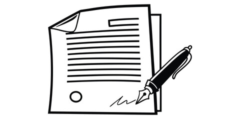 A document with lines of text and a signature being signed with a fountain pen in black and white