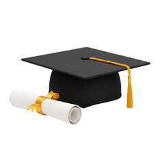 3D Graduation Cap with Diploma Certificate on Transparent Background