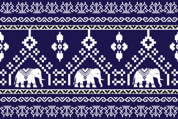 White elephants in Thai tribal textile pattern on dark blue background. Traditional geometric ethnic design with pixel-style weaving motifs from Southeast Asia