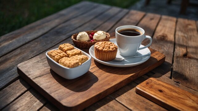 A delicious spread featuring a warm cup of coffee alongside an assortment of pastries on a rustic wooden table.