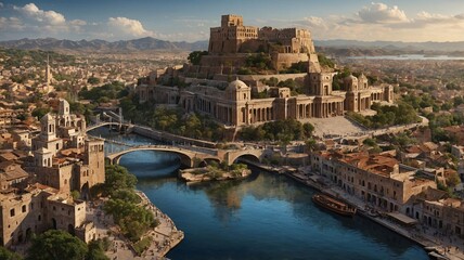 A stunning aerial view of an ancient city with magnificent architecture and a serene river, showcasing a blend of history and nature.
