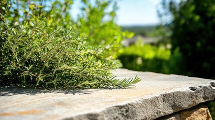 Empty stone table and grass with background of garden. Ready for product display	
