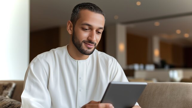 Man in traditional attire using a tablet in a modern interior setting - Powered by Adobe