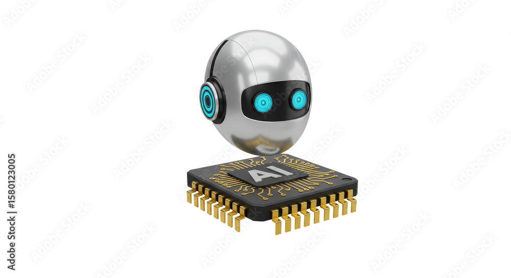 Poster 3d futuristic silver robot with microchip brain ai technology