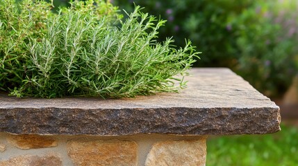 Empty stone table and grass with background of garden. Ready for product display	
