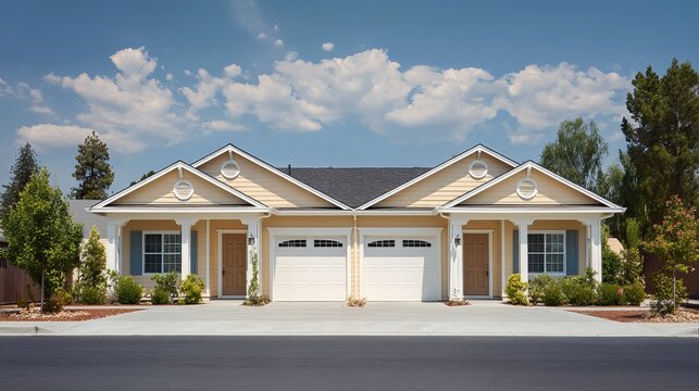 Charming suburban duplex with yellow exterior and landscaped yard under a bright blue sky.