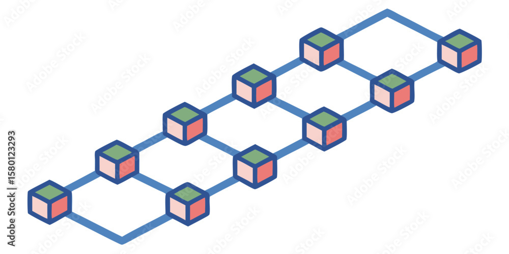 Poster isometric network of connected cubes with alternating colors forming a visual representation