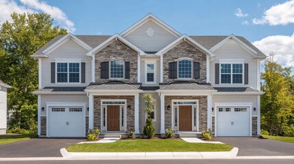 Obraz premium Charming duplex home with stone accents and a clear blue sky in the backdrop, showcasing modern suburban living.