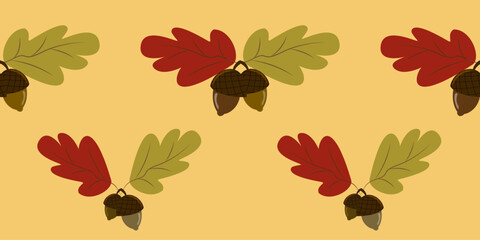 Seamless botanical pattern of red and green oak leaves with acorns on a warm light orange background. Ideal for autumn-themed borders, textiles, and decorative elements.