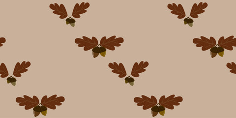 Seamless botanical pattern of brown oak leaves and acorns, arranged horizontally on pale brown background. Neutral autumnal design ideal for rustic autumn textiles and fall home decor.