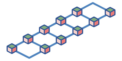 Isometric network of connected cubes with alternating colors forming a visual representation