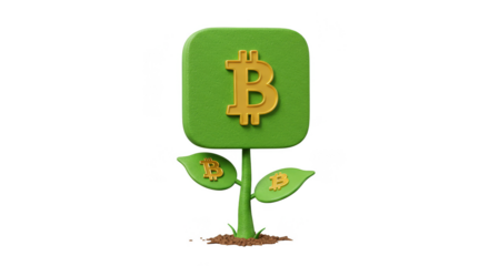 3D Illustration of Golden Bitcoin Symbol Growing Like a Plant on Grass