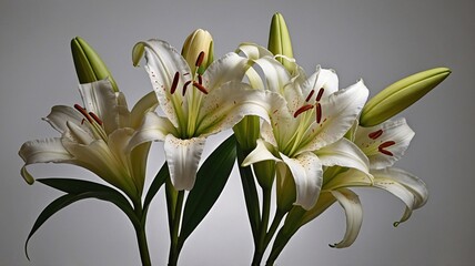 Fototapeta premium A stunning arrangement of white lilies featuring vibrant green buds, capturing the elegance and beauty of nature.
