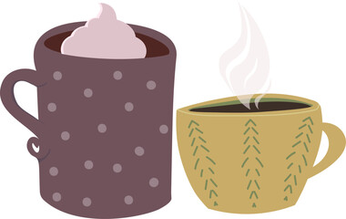 Set of two isolated cozy cartoon mugs with whipped cream and steam. Ideal vector clip art for hot beverage themes and comforting designs.