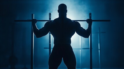 Man silhouette lifting barbell in gym for strength training and fitness workout exercise motivation