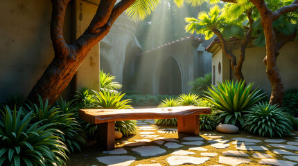 Rustic wooden bench on a sunlit stone path, surrounded by agave and palm trees