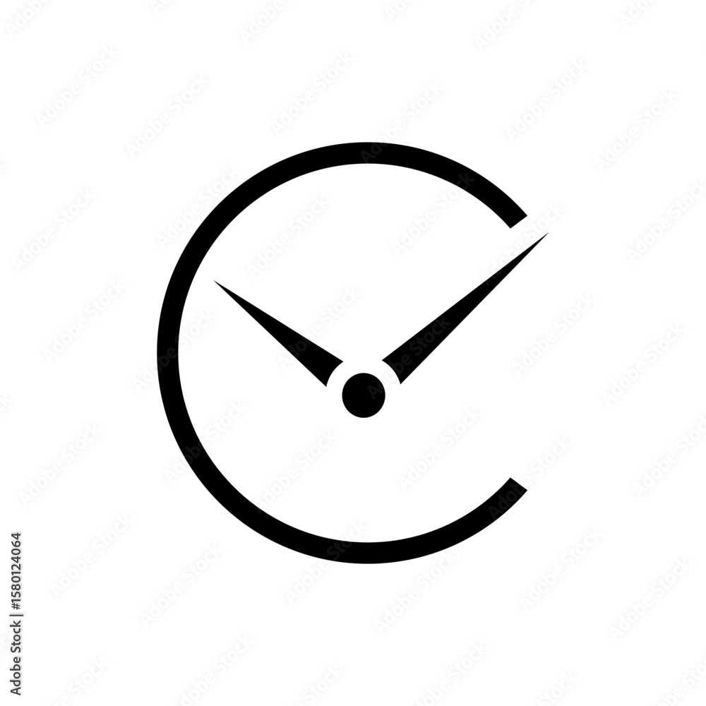Poster a minimalist black outline logo featuring a clock face within an incomplete circle, representing tim