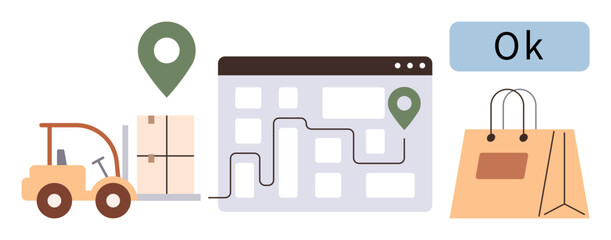 Fototapeta premium Forklift carrying boxes, map with location pins showing delivery route, shopping bag, and confirmation Ok. Ideal for logistics, supply chain, delivery process, e-commerce, navigation planning