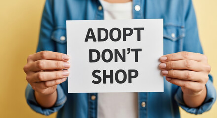 Person holding paper sign with adopt don't shop message encouraging pet adoption and responsible animal care, raising awareness for ethical treatment and rescue support