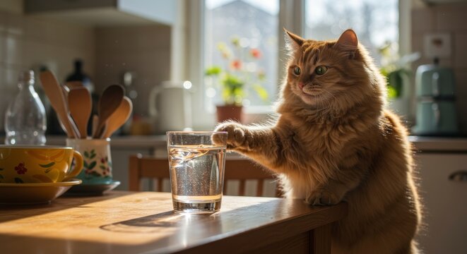 Fluffy ginger cat curiously investigating a glass of water on a bright kitchen table