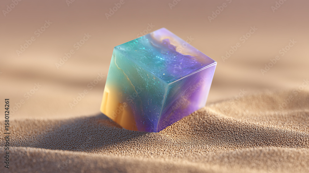 Fototapete iridescent cube on a sandy surface, an artistic rendering with gradient colors, dreamy visual