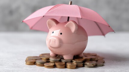 An umbrella protects a piggy bank, symbolizing saving for a rainy day. A minimalist concept illustrating the importance of protecting your savings.