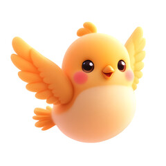 A cheerful, fluffy cartoon baby chick with wings spread wide, captured midflight or in a joyful leap, isolated on a transparent background