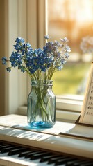 Piano, sheet music and blue flowers in glass jar on table