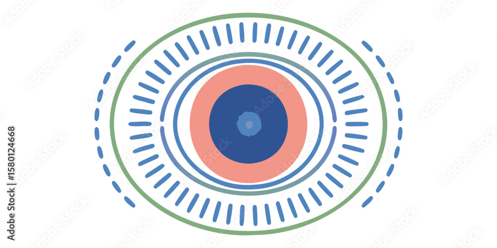 Poster abstract concentric circles with radial lines and dashed outer ring in soft pastel colors