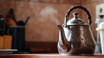 Closeup of Ornate Metal Teapot Sitting on Wooden Kitchen Counter