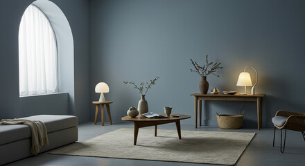 Serene living room featuring a muted color palette and natural wood furniture