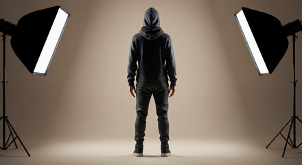 A person in a dark hoodie and pants, standing in a studio setting, lit by two spotlights.