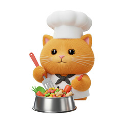 3D Illustration of Furry Orange Cat Chef Cooking Food In A Bowl