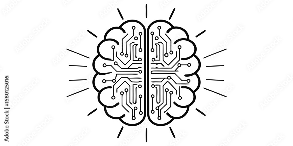 Poster stylized brain with circuit board pattern and radiating lines on a white background design element