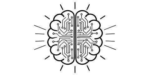 Stylized brain with circuit board pattern and radiating lines on a white background design element