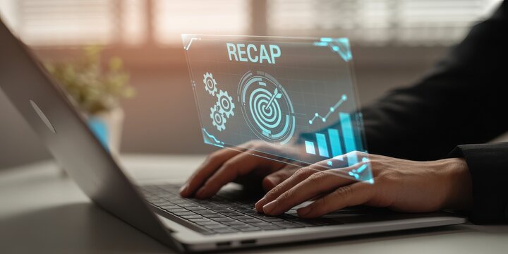 Business professional analyzing data, summarizing insights on a laptop, with an infographic overlay visualizing key performance indicators.