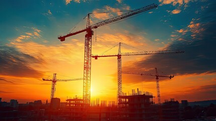 Fototapeta premium Large construction site in Munich, Germany with multiple cranes, modern architectural project in progress 