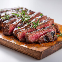 Sliced Grilled Steak on Wooden Board with Rosemary