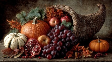 Autumnal cornucopia overflowing with fruits and vegetables