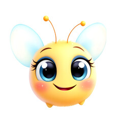 Naklejka premium A charming yellow cartoon bee with big blue eyes and fluffy antennae, sporting a wide, happy smile isolated on a clean transparent background