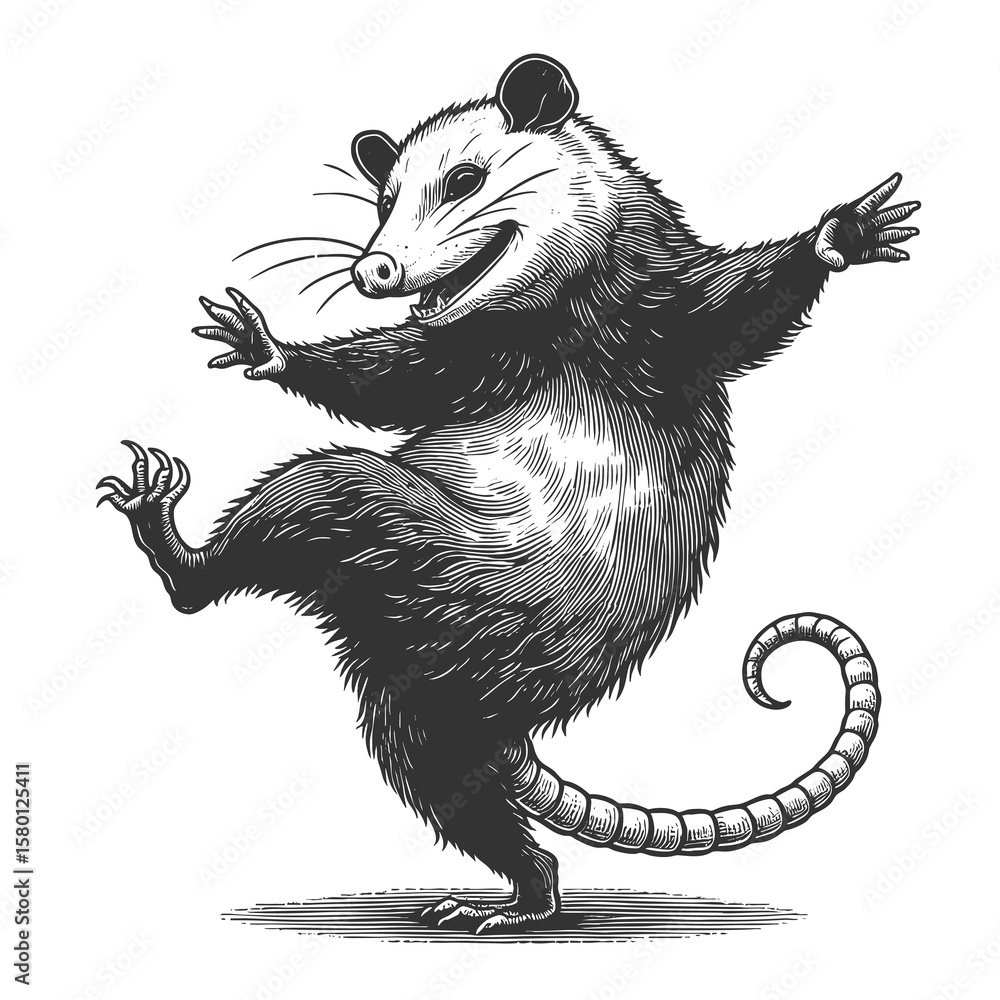 Poster dancing opossum sketch engraving generative ai fictional character raster illustration. scratch boar
