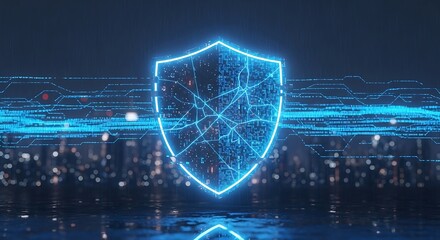 Cyber Security Shield Against Digital Cityscape. AI Generated