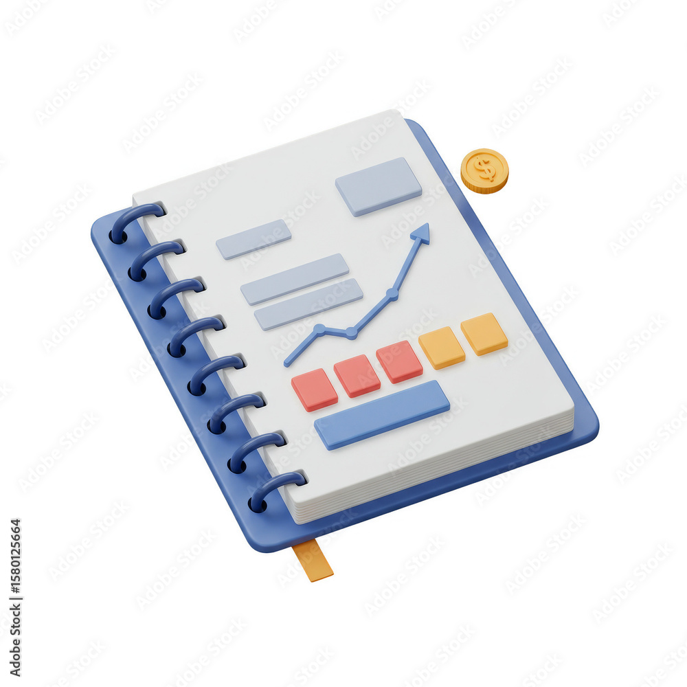 Poster 3d notebook shows business finance graph data on transparent background