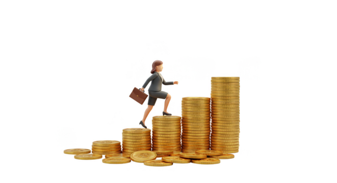 3D of a Woman Ascending Golden Coin Steps Towards Financial Success