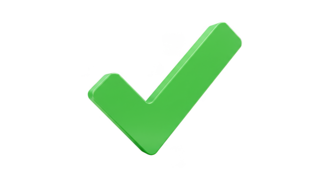 3D Green Check Mark Sign of Success on Transparent Background