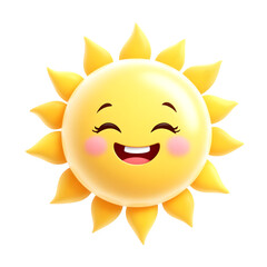 An ecstatic cartoon sun character with a beaming smile, showing teeth and rosy cheeks, surrounded by radiant rays, isolated on a transparent background