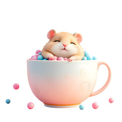 A cute, happy hamster peeking out of a pastel pink and white teacup filled with colorful blue and pink bubbles, isolated on a transparent background
