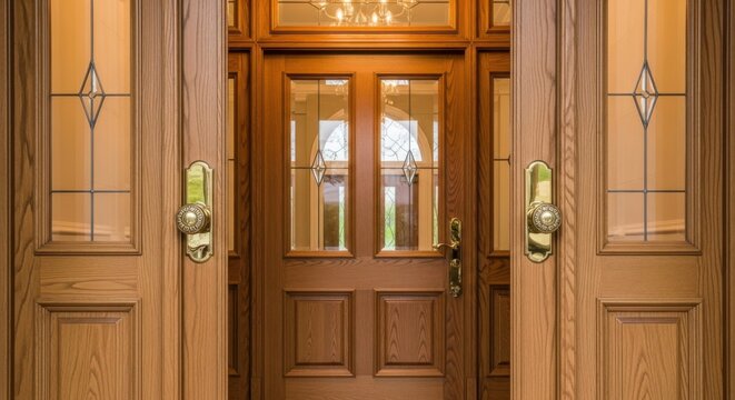 Beautiful wooden double entry doors with glass panels and ornate hardware