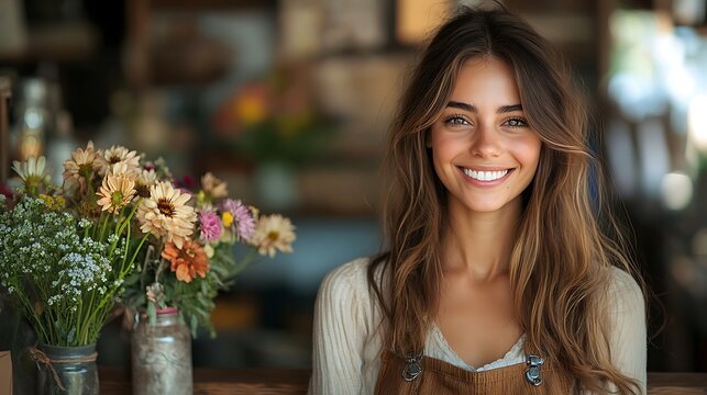 Beautiful florist woman smiling with flowers in shop for floral design and flower delivery service