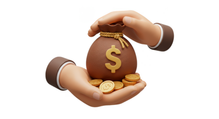 3D Hands Hold Brown Money Bag with Gold Coins Abundance Wealth